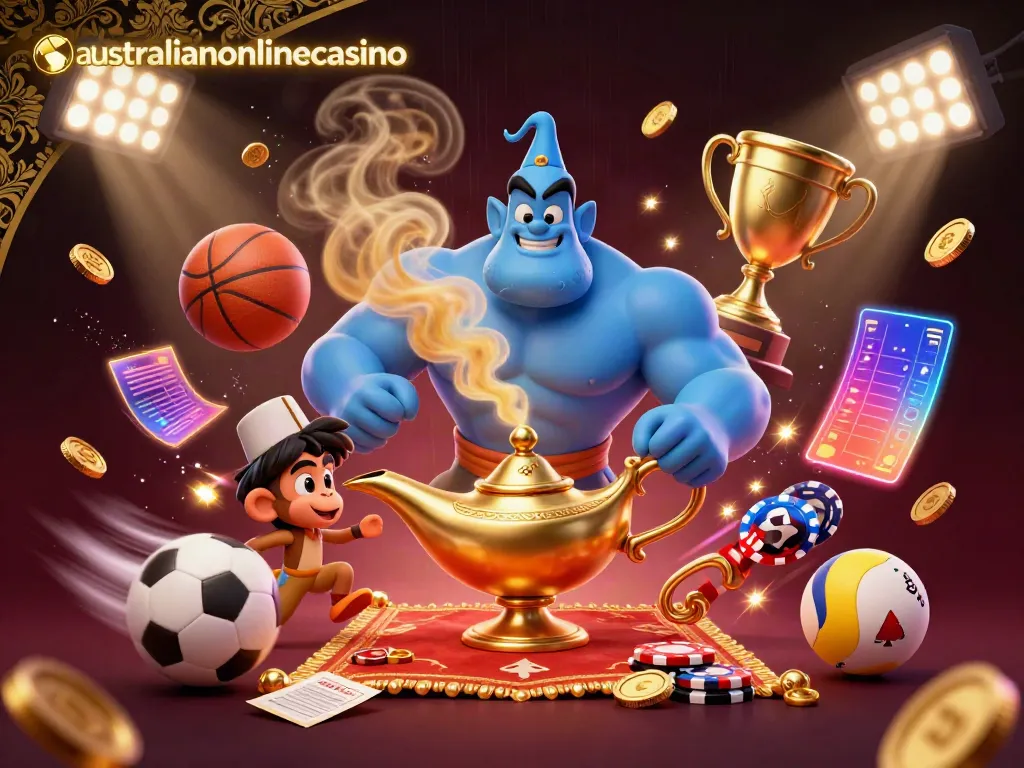 Experience thrilling wins with australianonlinecasino's vibrant 3D casino illustration featuring a blue genie and poker chips.
