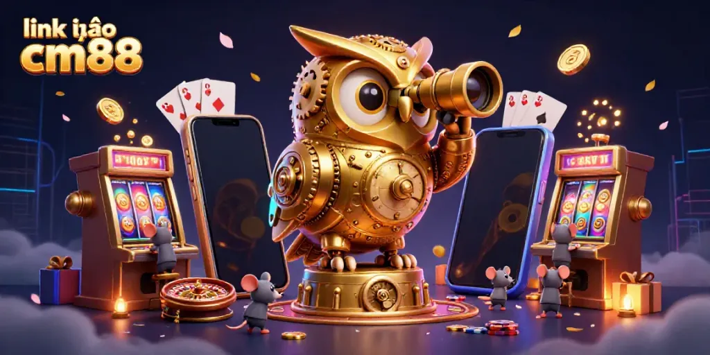 Experience vibrant gaming action with the link vào cm88 on dynamic casino scene featuring golden owl, miniature roulette, and lively game elements.