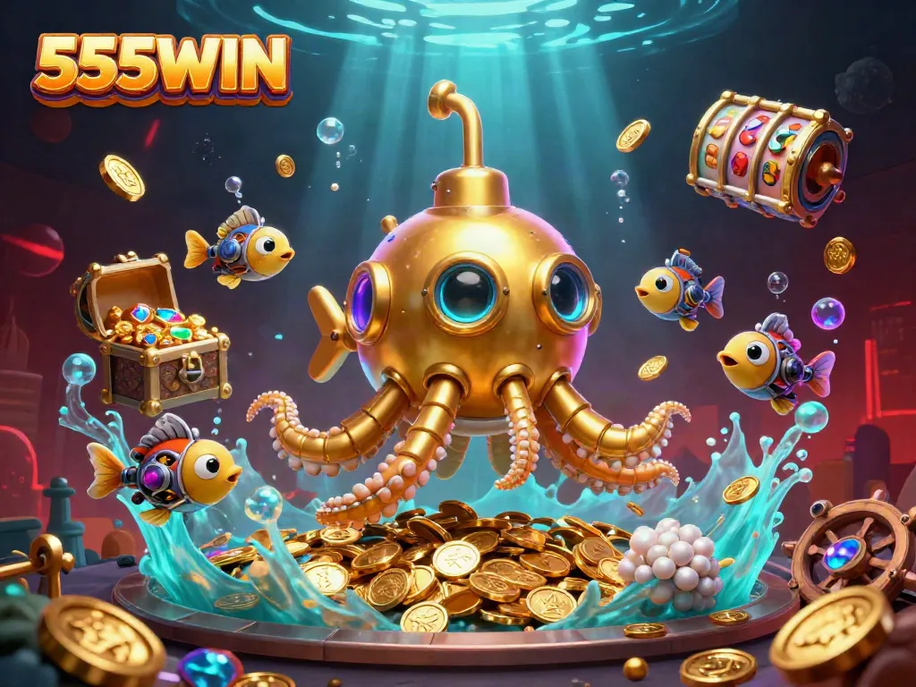 Engage with 555WIN's thrilling underwater casino adventure featuring a kraken and mechanical fish.