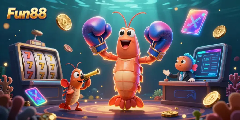 Engage with Fun88 as vibrant casino characters explore exciting slot machines and crypto elements.