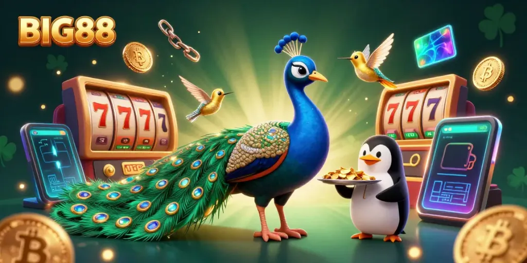 Engage with BIG88's vibrant atmosphere featuring a peacock, penguin, and hummingbird amidst dynamic gaming elements.