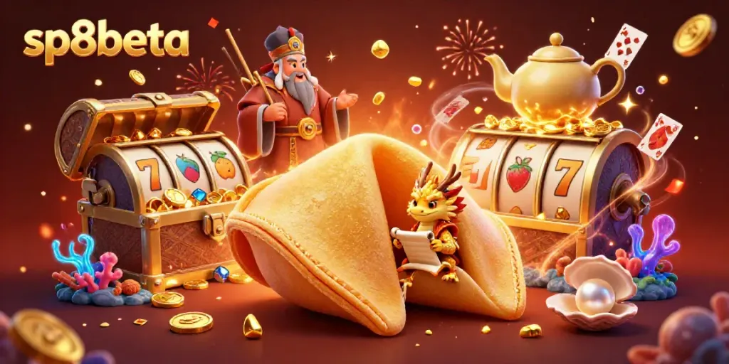 Engage in thrilling gameplay at sp8beta with a vibrant illustration showcasing a golden fortune cookie, wise dragon, and casino elements.