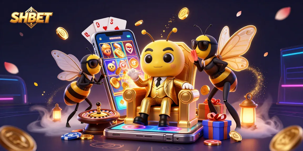 SHBET platform showcases a vibrant 3D scene of a bumblebee mob boss amidst casino elements, enhancing gambling experience.