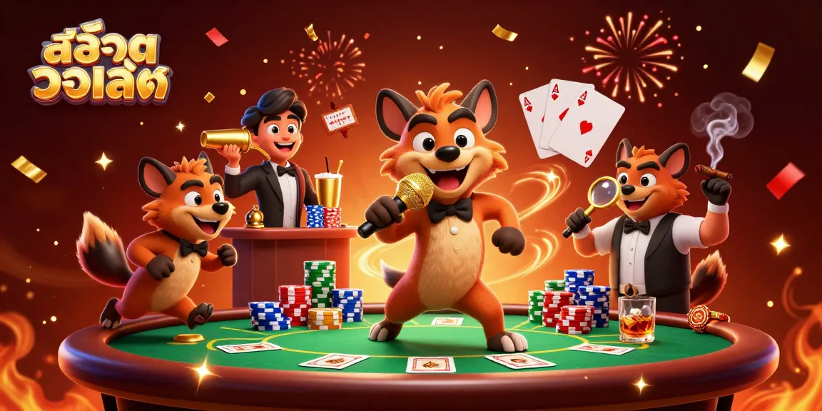 Engage with สล็อตวอเลท at a fun casino scene featuring hyena characters in a vibrant setting.