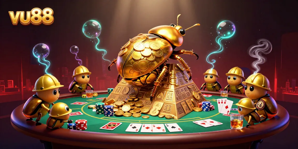 vu88 showcases a vibrant 3D scene featuring a golden dung beetle rolling coins at a blackjack table.