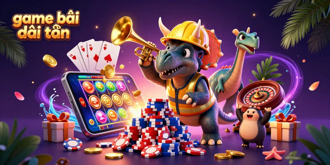 Experience the excitement of game bài đổi thưởng as a triceratops builds a poker chip pyramid amidst vibrant casino elements.