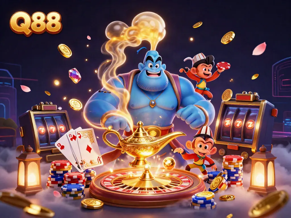 Experience the thrill of Q88 with a vibrant scene featuring a genie, jewels, and casino games.