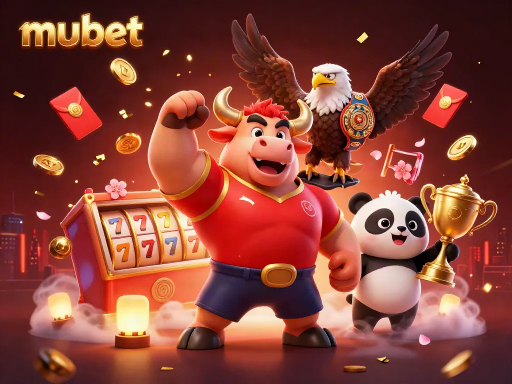 Engaging 3D illustration of mubet where a bull mascot celebrates with a trophy, surrounded by vibrant casino elements.