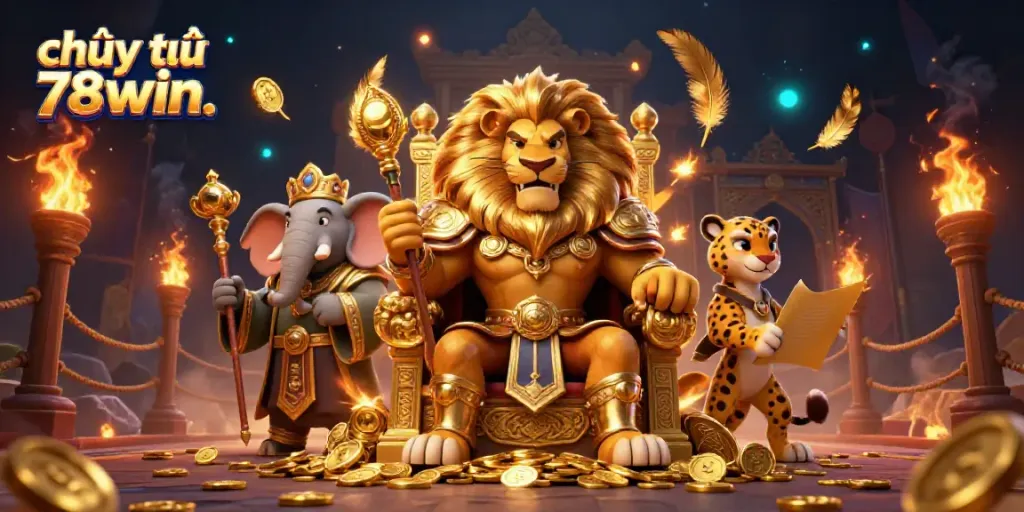 Play and experience excitement with chơi thử 78win. featuring a lion king and unique casino elements.