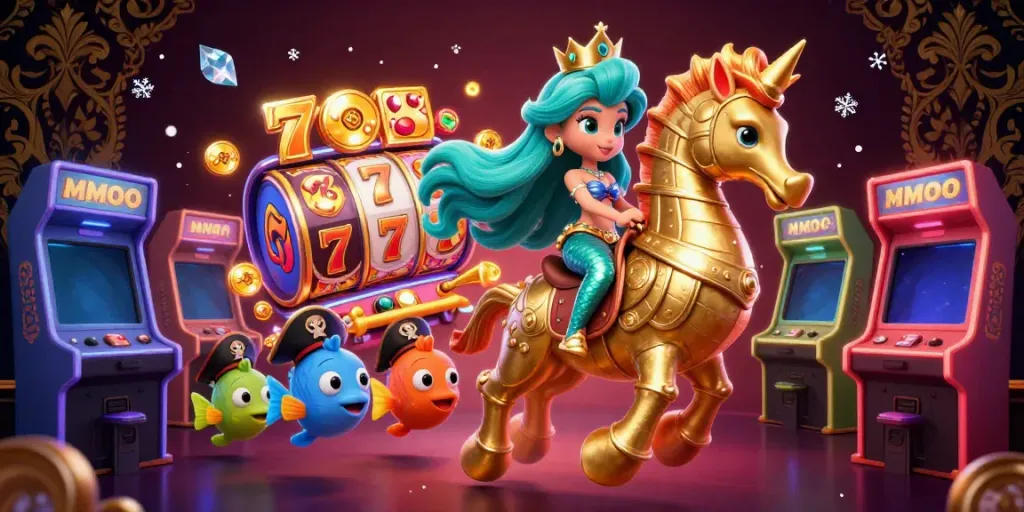 Experience MMOO's vibrant casino world with playful characters and dynamic game elements.
