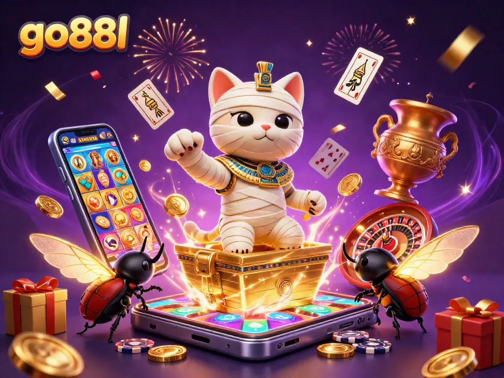 Play exciting games at go88l with a magical scene featuring vibrant 3D characters and dynamic casino elements.
