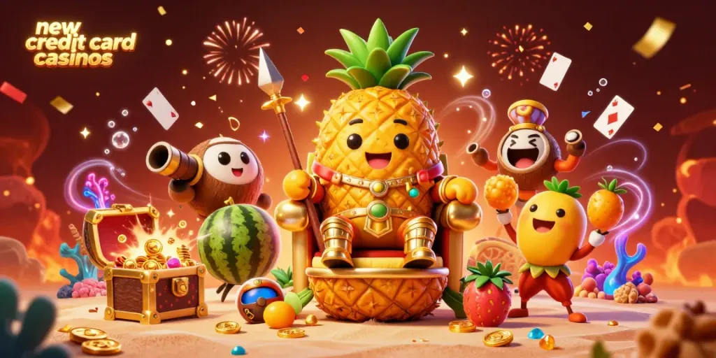 Engaging scene of new credit card casinos featuring a golden pineapple king with vibrant characters in a festive setting.