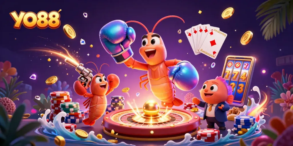 Experience the thrill of YO88 with 3D characters showcasing exciting casino actions.