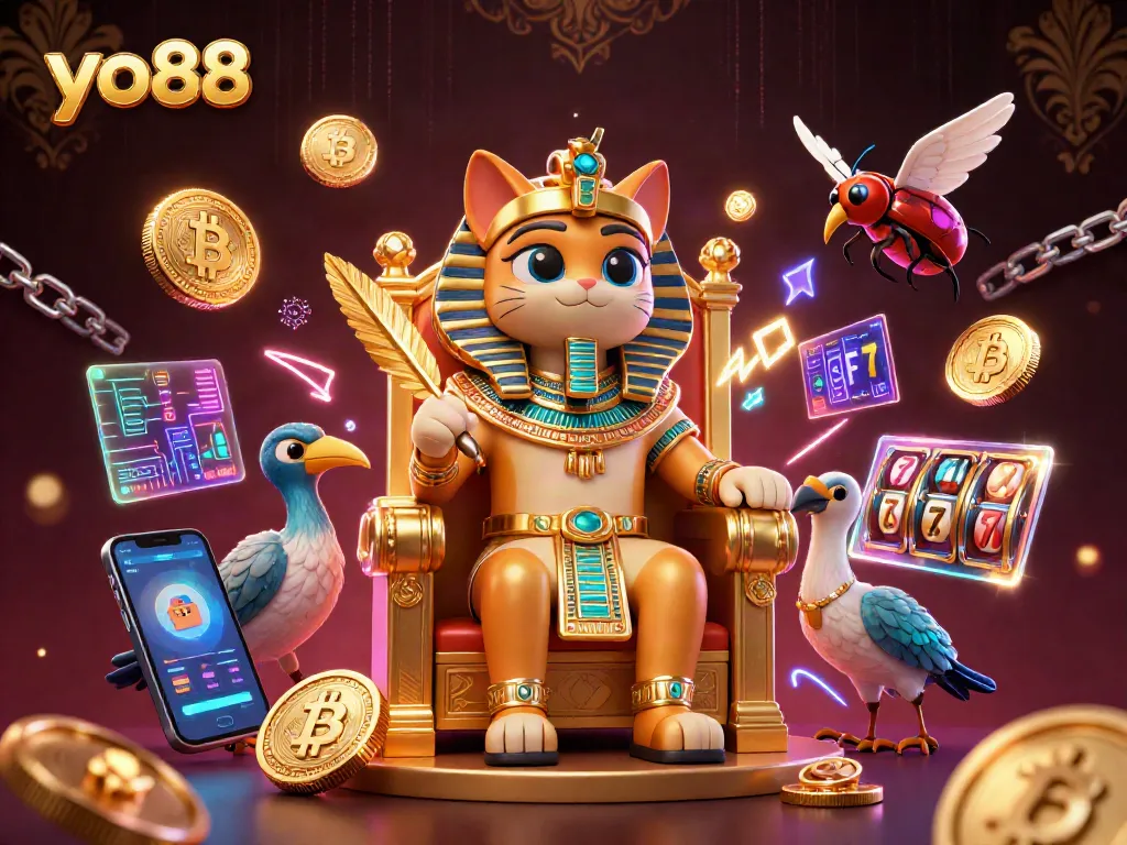 Experience the thrill of yo88 with Egyptian pharaoh cat, showcasing crypto coins and captivating slot elements.