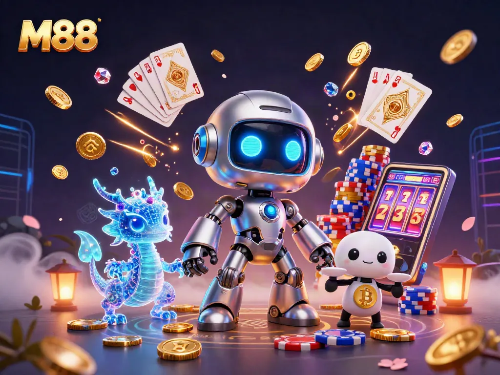 M88 immersive casino scene featuring a cyberpunk robot, AI dragon, and bitcoin drone amidst dynamic gaming elements.