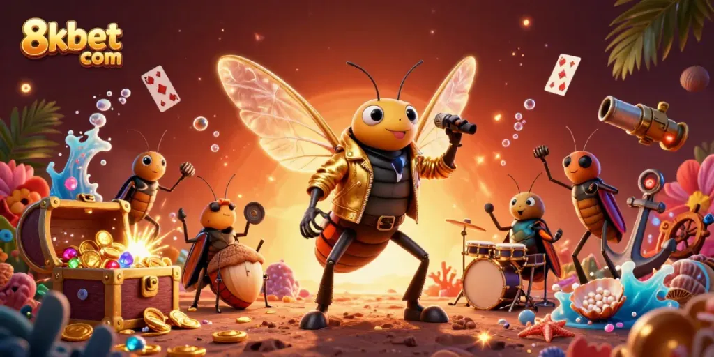 Experience the excitement of 8kbet com with a vibrant scene featuring animated characters and gambling elements.