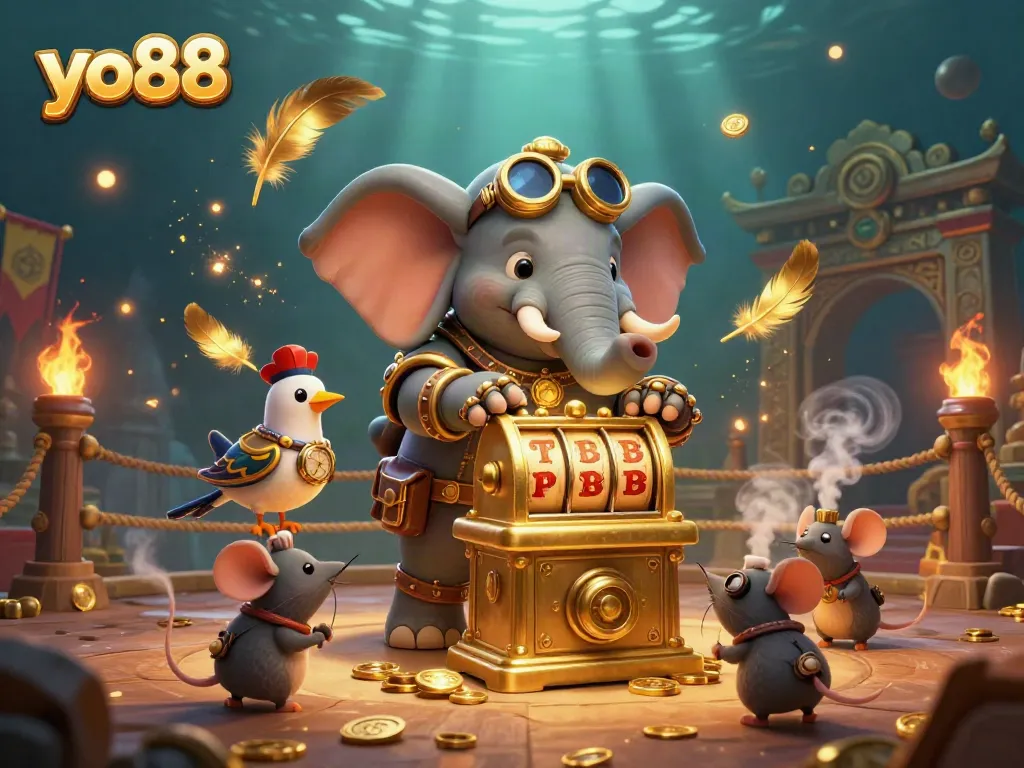 Spin the golden slot machine with yo88 as the steampunk elephant engineer operates amidst dynamic casino elements.