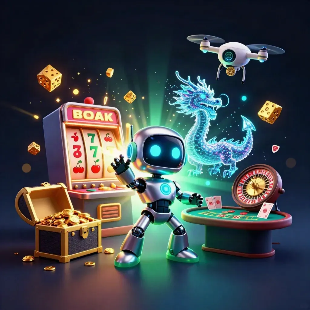 Cyberpunk robot, holographic dragon, and coin drone amid casino jackpots and neon gold light.