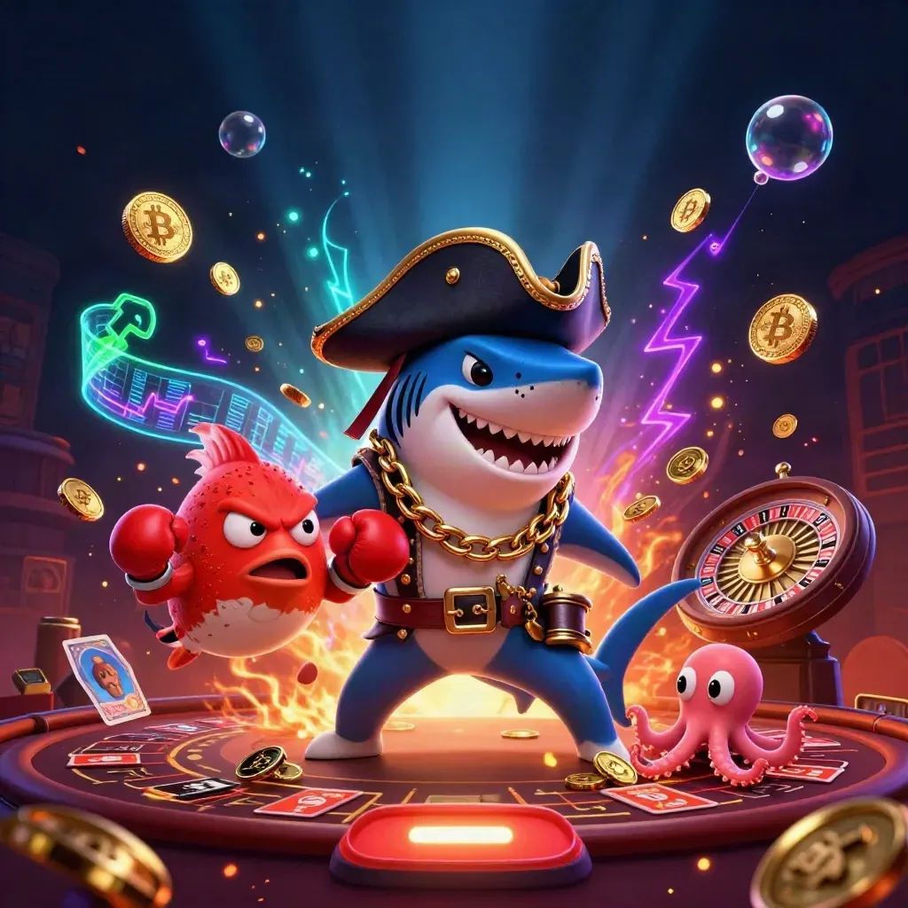 Shark pirate, red pufferfish and baby octopus amid casino treasure, neon coins and stormy glow.