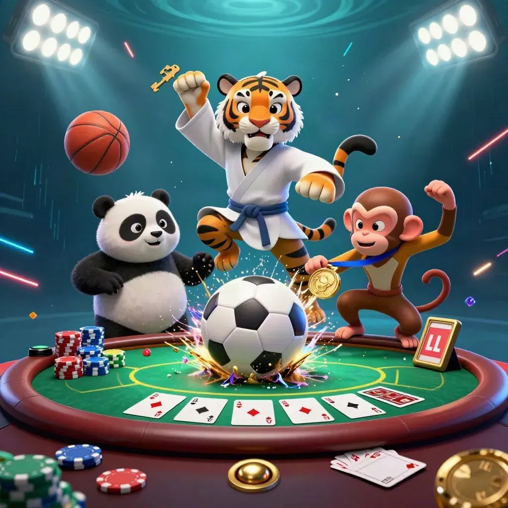 Tiger, panda, and monkey amid exploding soccer turf, poker chips, and casino glow.