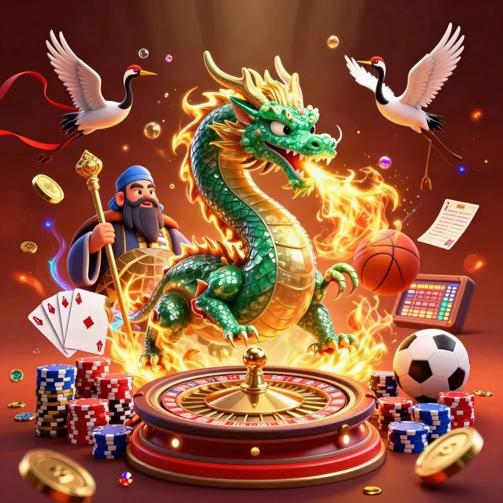 Emerald dragon, turtle sage, and cranes amid casino coins, roulette, cards, chips, and sports balls.