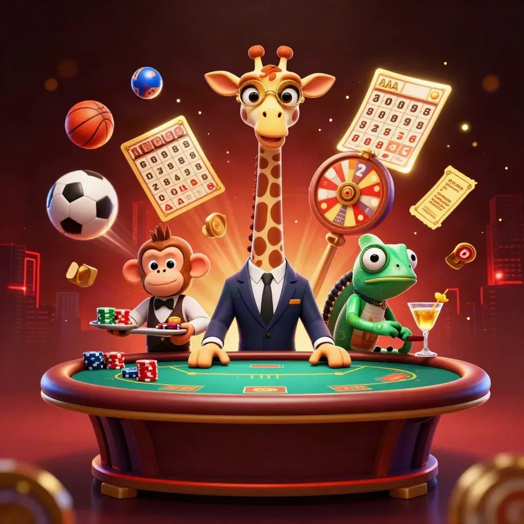 Giraffe, monkey valet, and chameleon bartender amid flying casino balls and gold sparks.