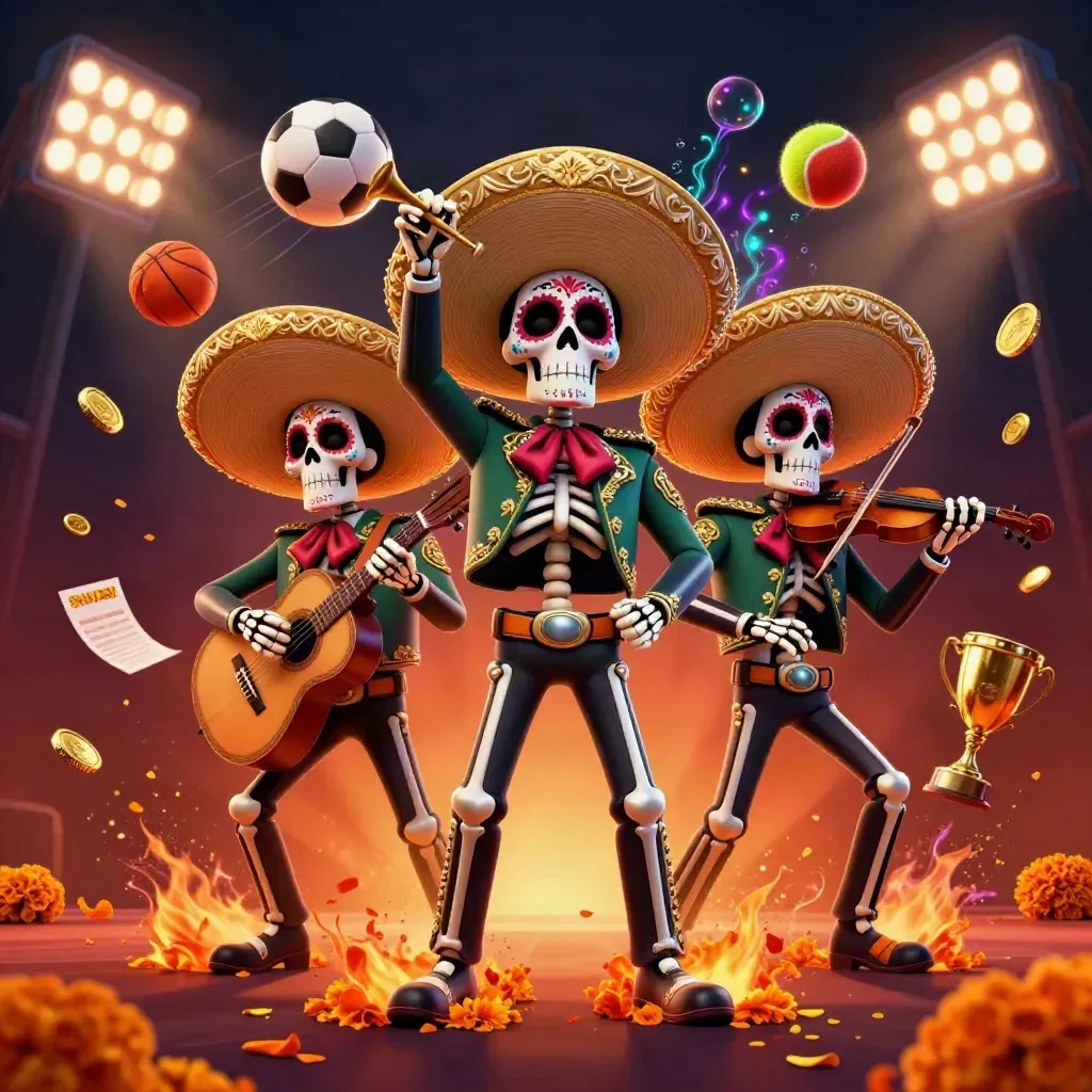 Skeleton mariachi trio amid flying sports balls, coins, trophy, and dramatic stadium lights.