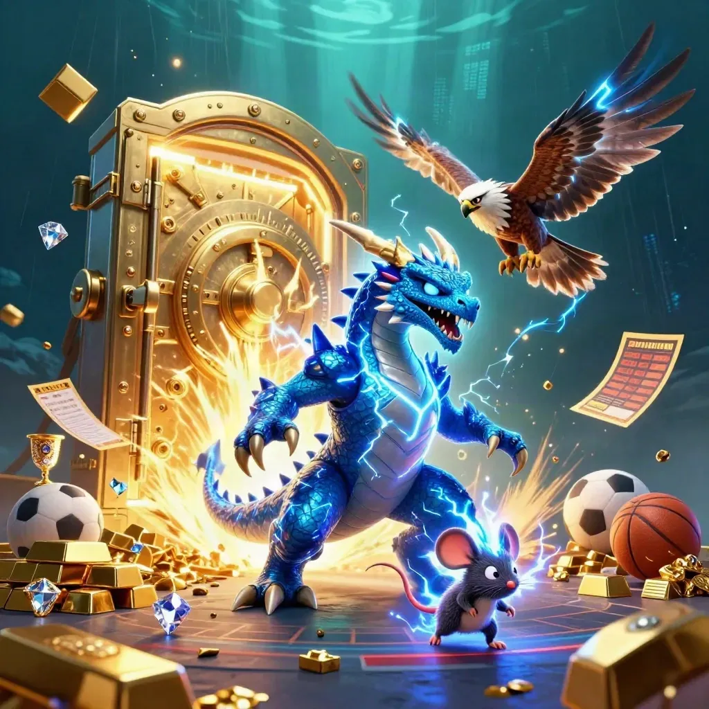 Lightning dragon, wind hawk, and thunder-mouse amid gold vault, sports balls, and casino glow.
