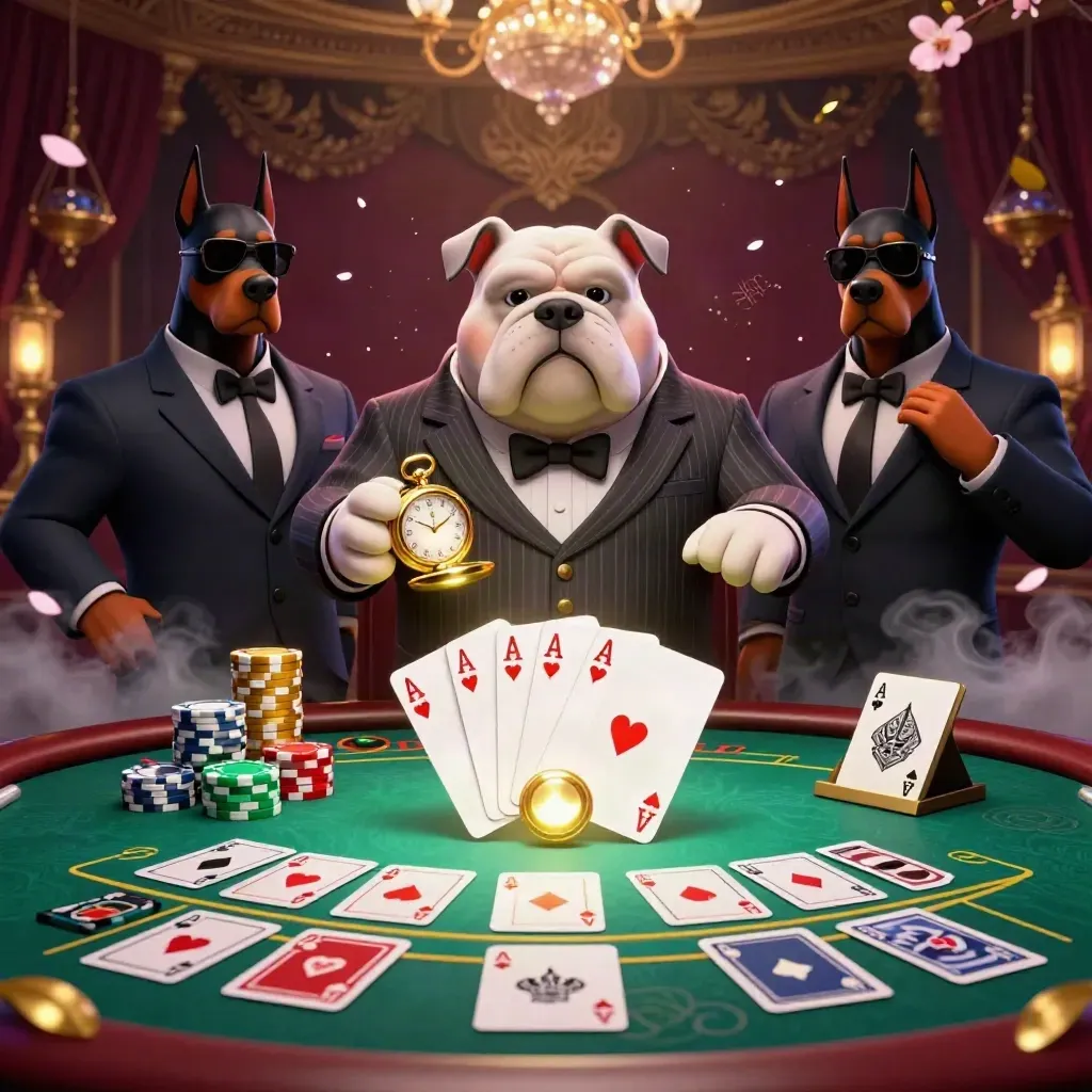 Cartoon bulldog boss with Doberman guards amid casino chips, cards, roulette and golden luxury glow