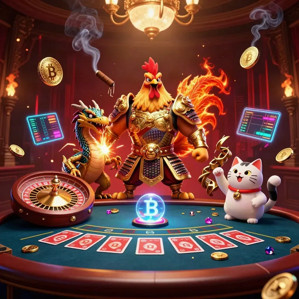 Rooster, dragon hatchling and fortune-cat in a luxe casino glow with coins, sparks and a spinning wheel.