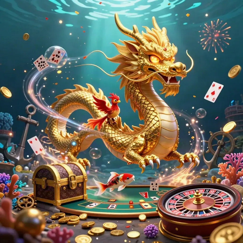 Golden dragon, phoenix, koi and casino treasures in a glowing underwater vault.