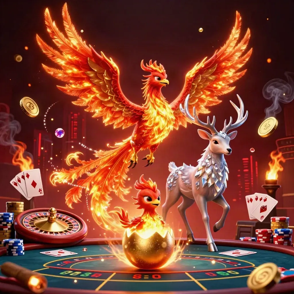 Phoenix, stag, and hatchling amid casino lights, coins, gems, cards, and a spinning roulette wheel.