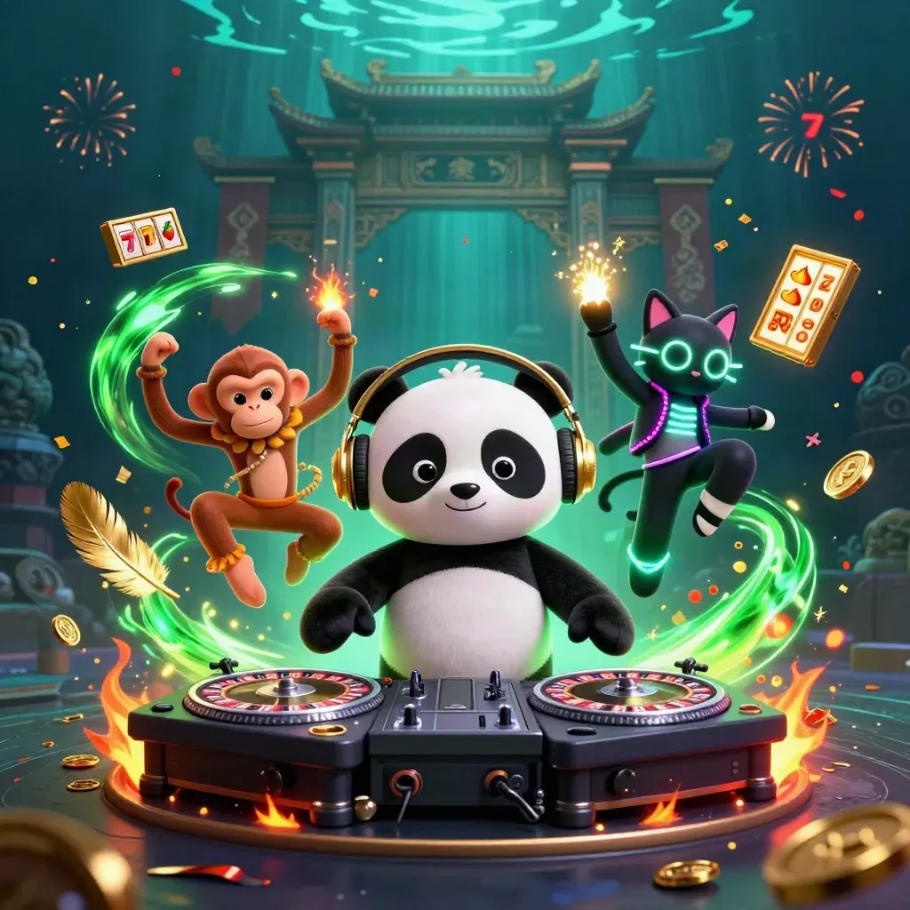 DJ panda, breakdancing monkey, and glow-stick kitten in a luxe temple casino splash scene.