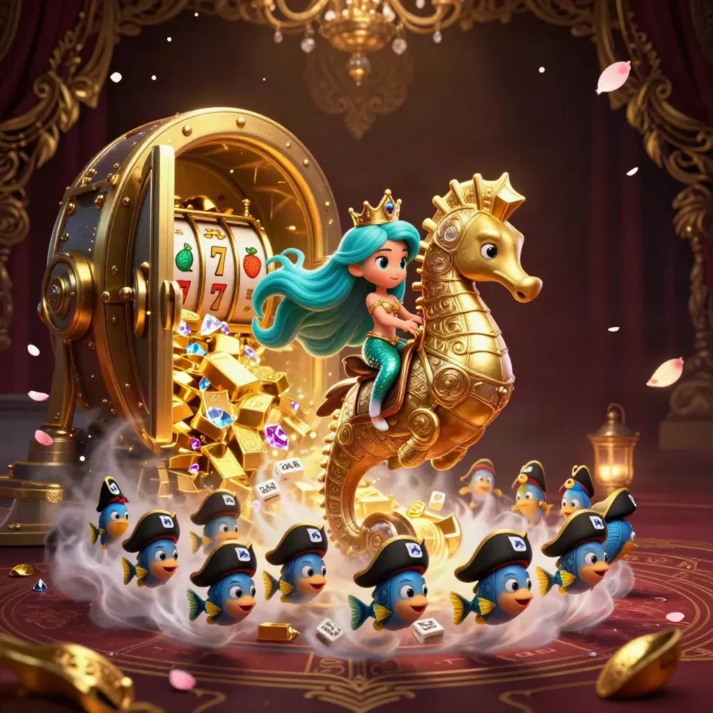 Mermaid princess on armored seahorse amid exploding gold, gems, and a glowing vault