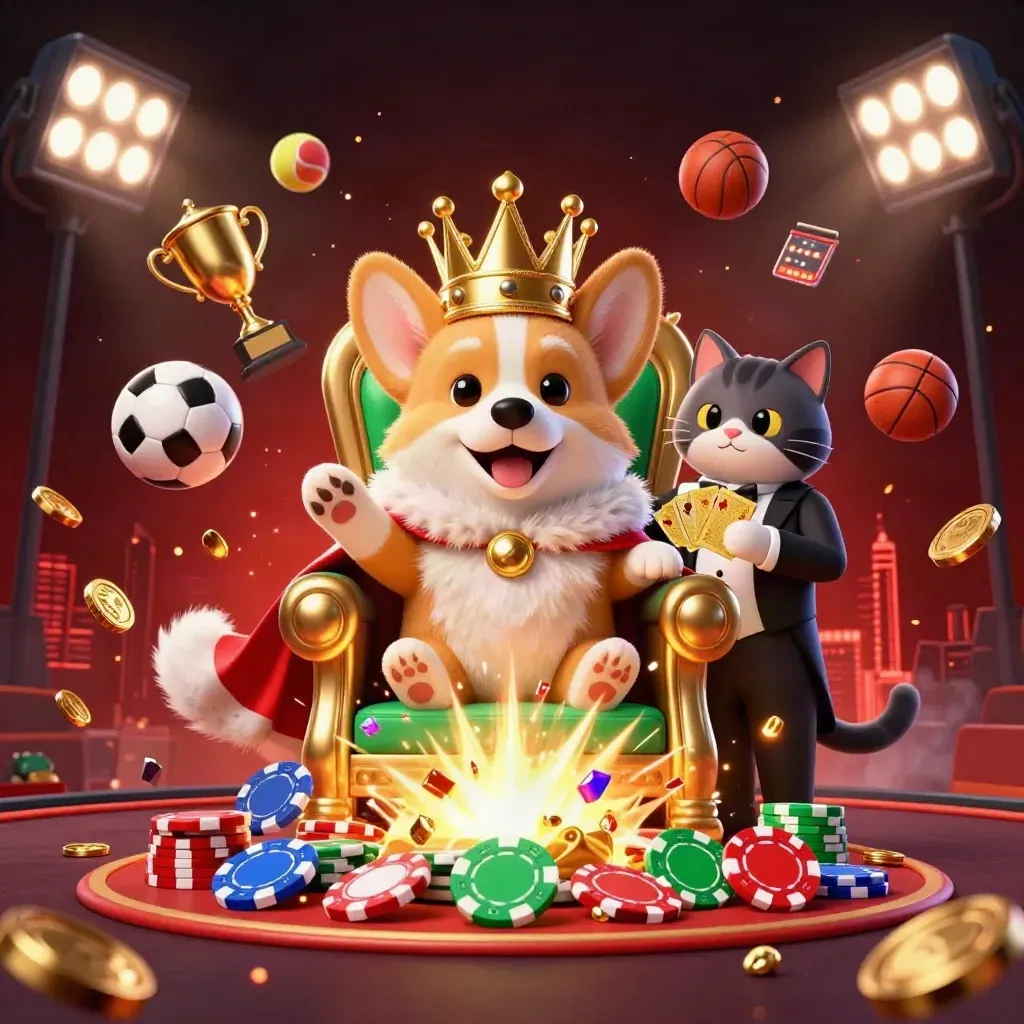 Royal corgi and cat butler on chip throne amid emerald casino chaos, balls, trophy and coins.