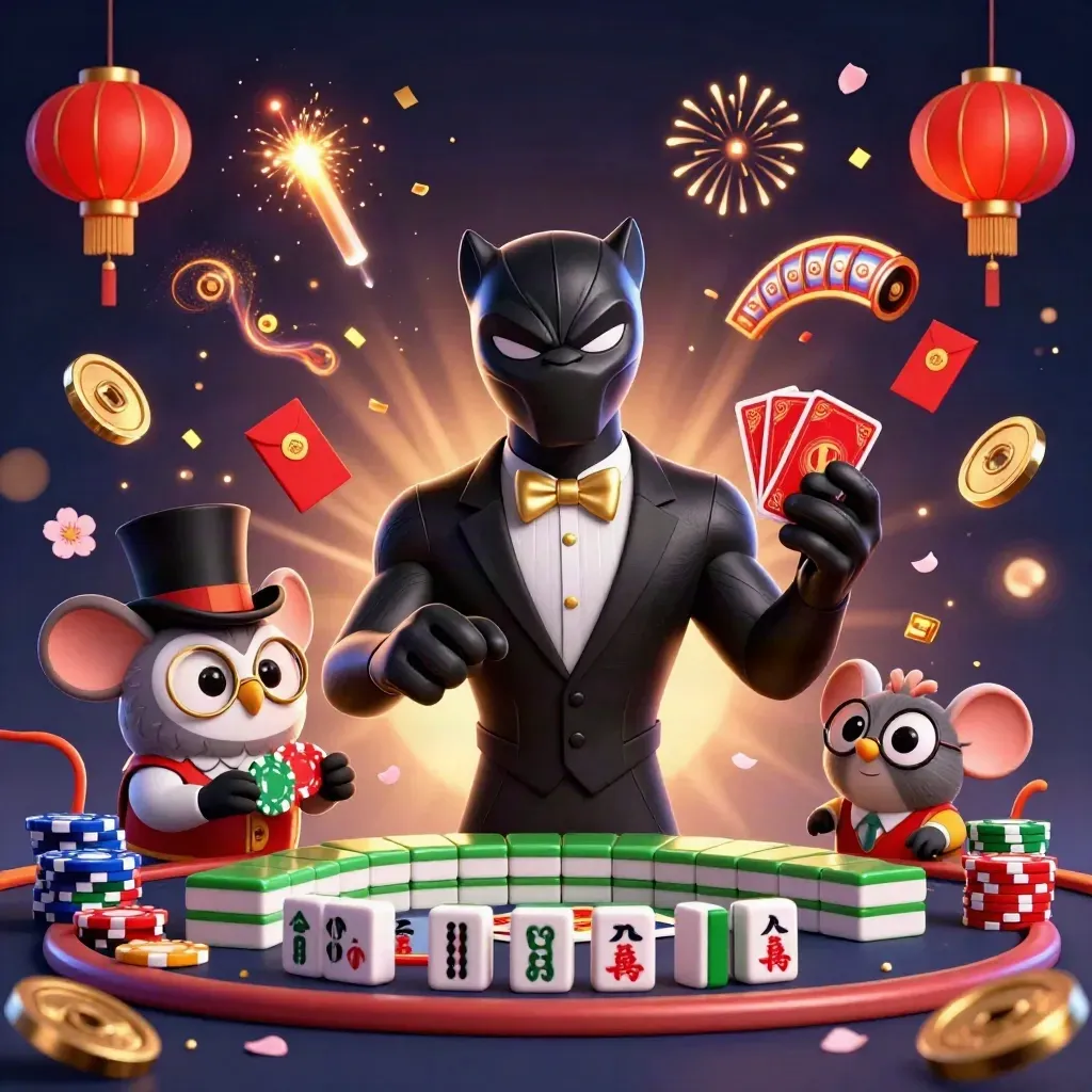 Panther, owl, and mouse in tuxedo amid gold casino magic, coins, lanterns, and jade bursts.