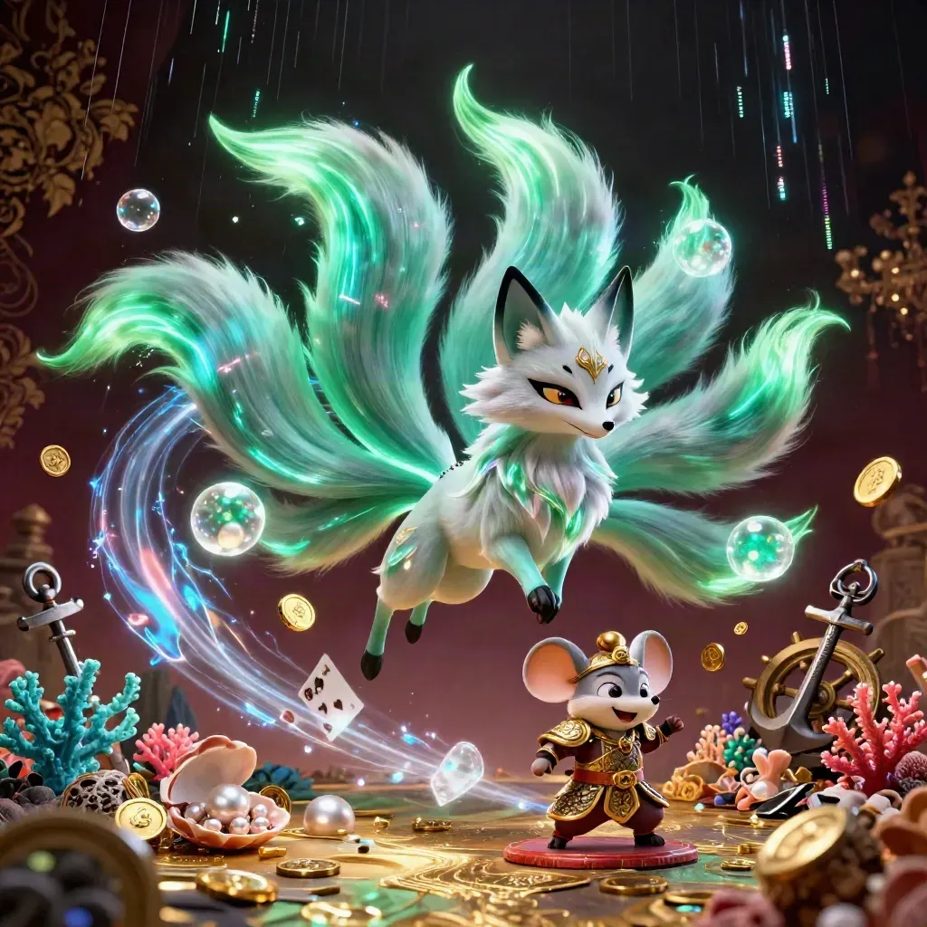 Fox spirit and armored mouse amid gold coins, coral, and a dark luxe casino cove