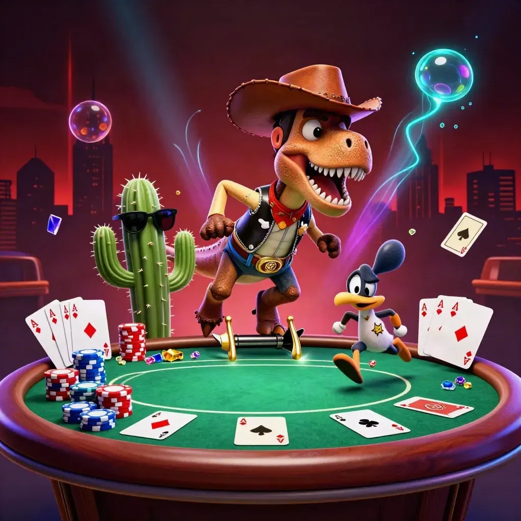 Cowboy T-Rex trio bursts over a poker table with chips, aces, and neon casino glow.
