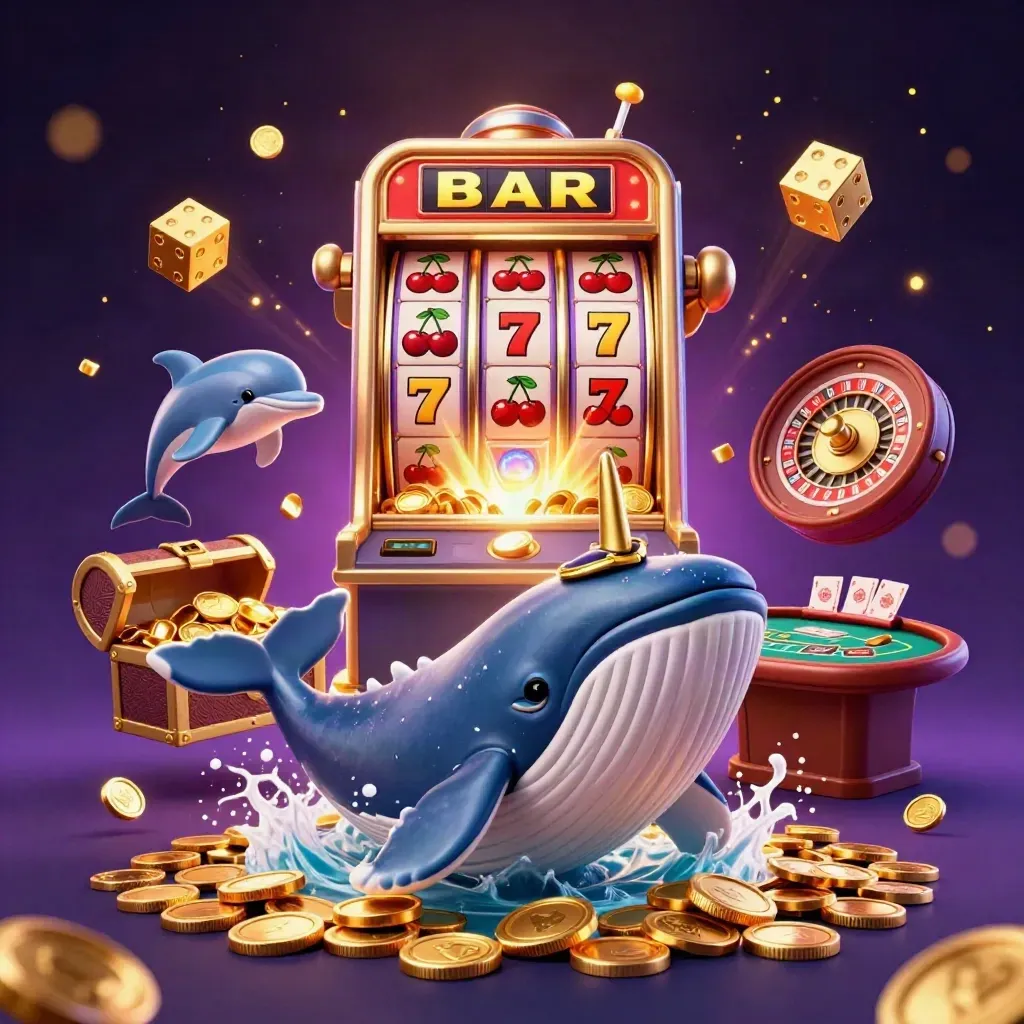 Whale captain, narwhal and dolphins amid coins, slots, roulette and blackjack in a luxe burst