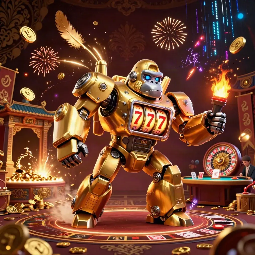 Golden gorilla mech with monkey pilot, coins, roulette, cards, and fireworks in a luxe casino burst