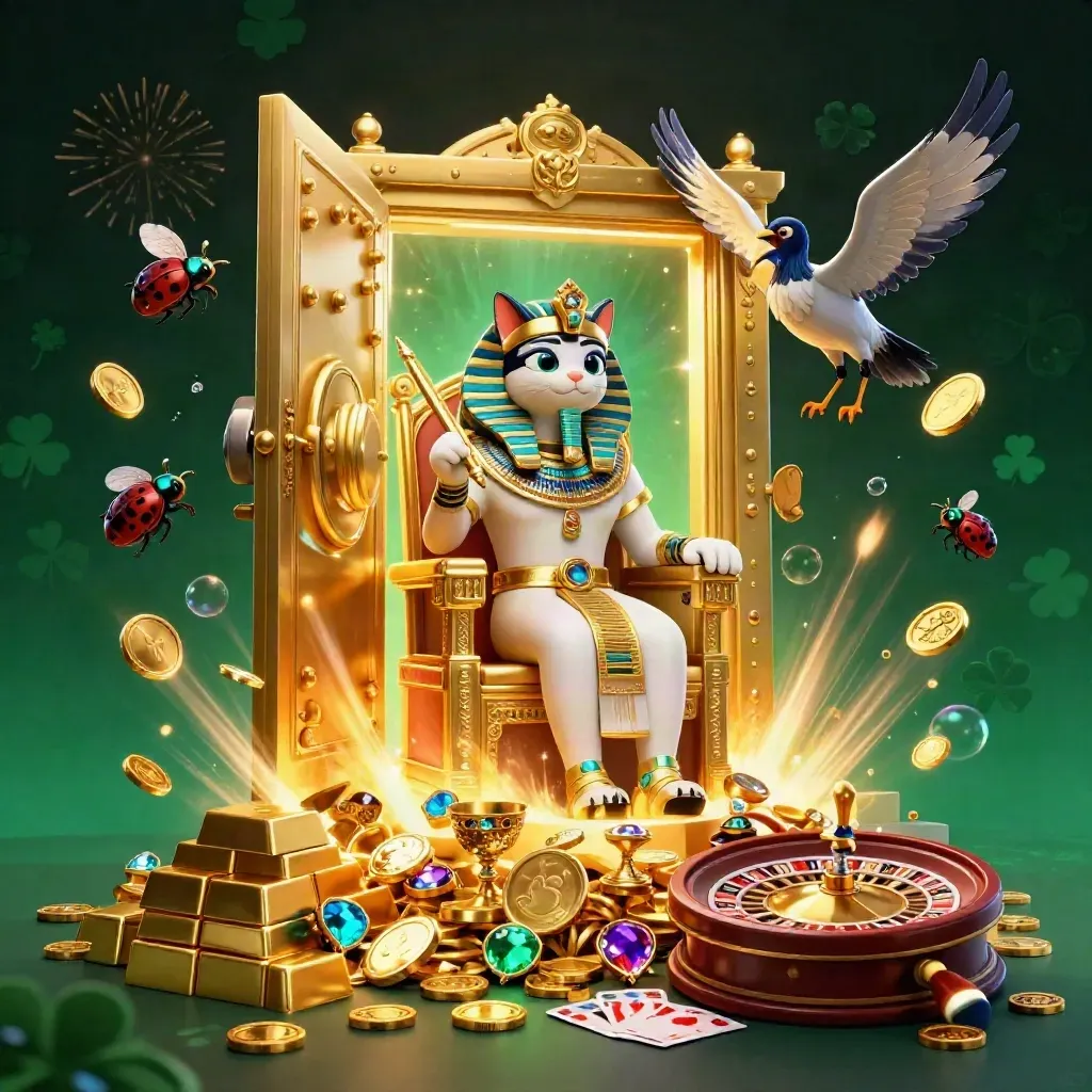 Pharaoh cat, ibis scribe, and jeweled scarabs amid a bursting vault and casino glow.