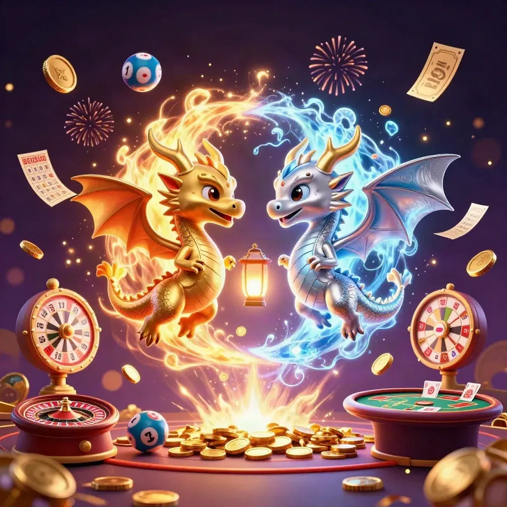 Gold and silver dragons swirl amid casino coins, roulette, bingo, and fireworks in a dark neon glow.