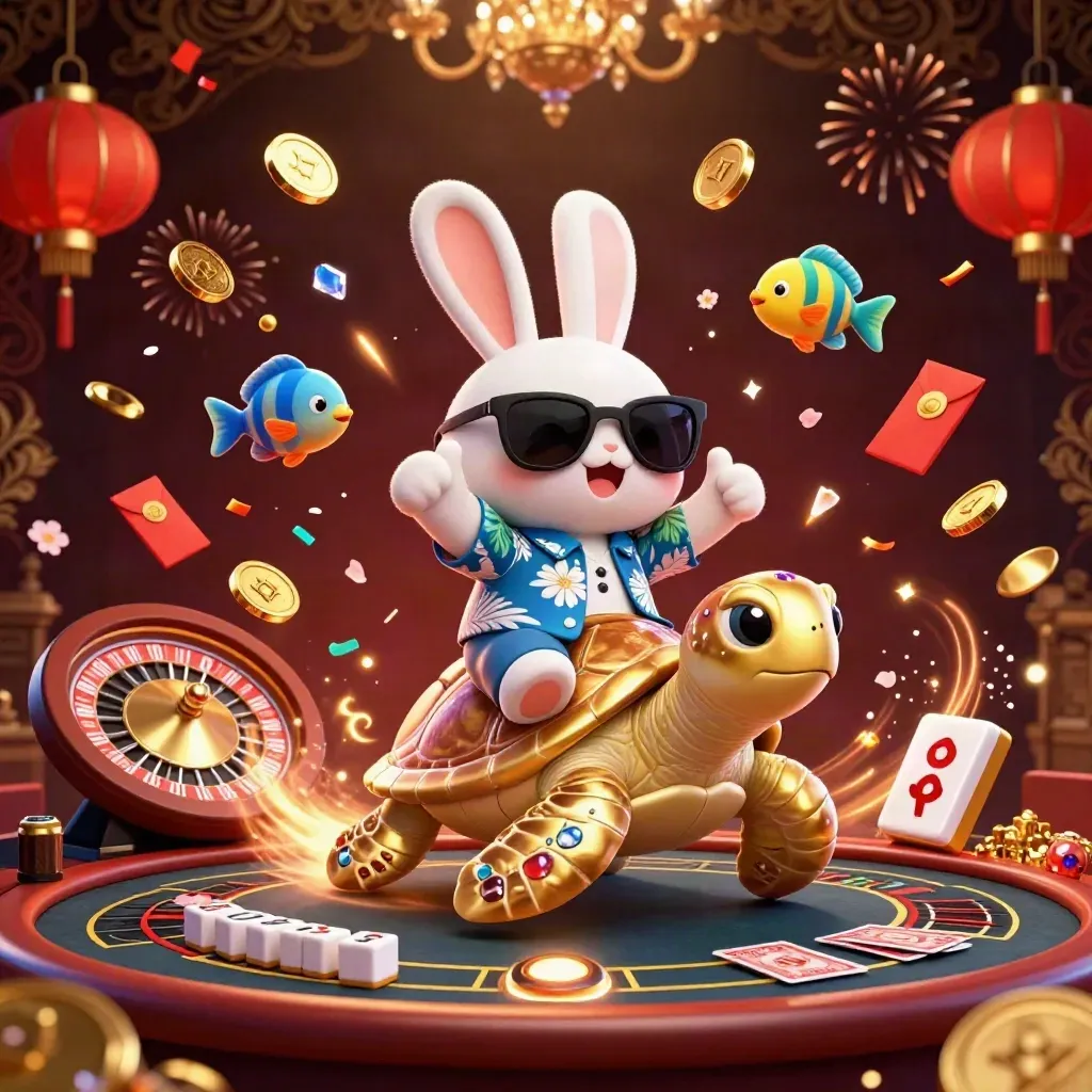Lucky rabbit on a golden turtle amid casino coins, lanterns, fireworks, and luxe dark-gold glow.
