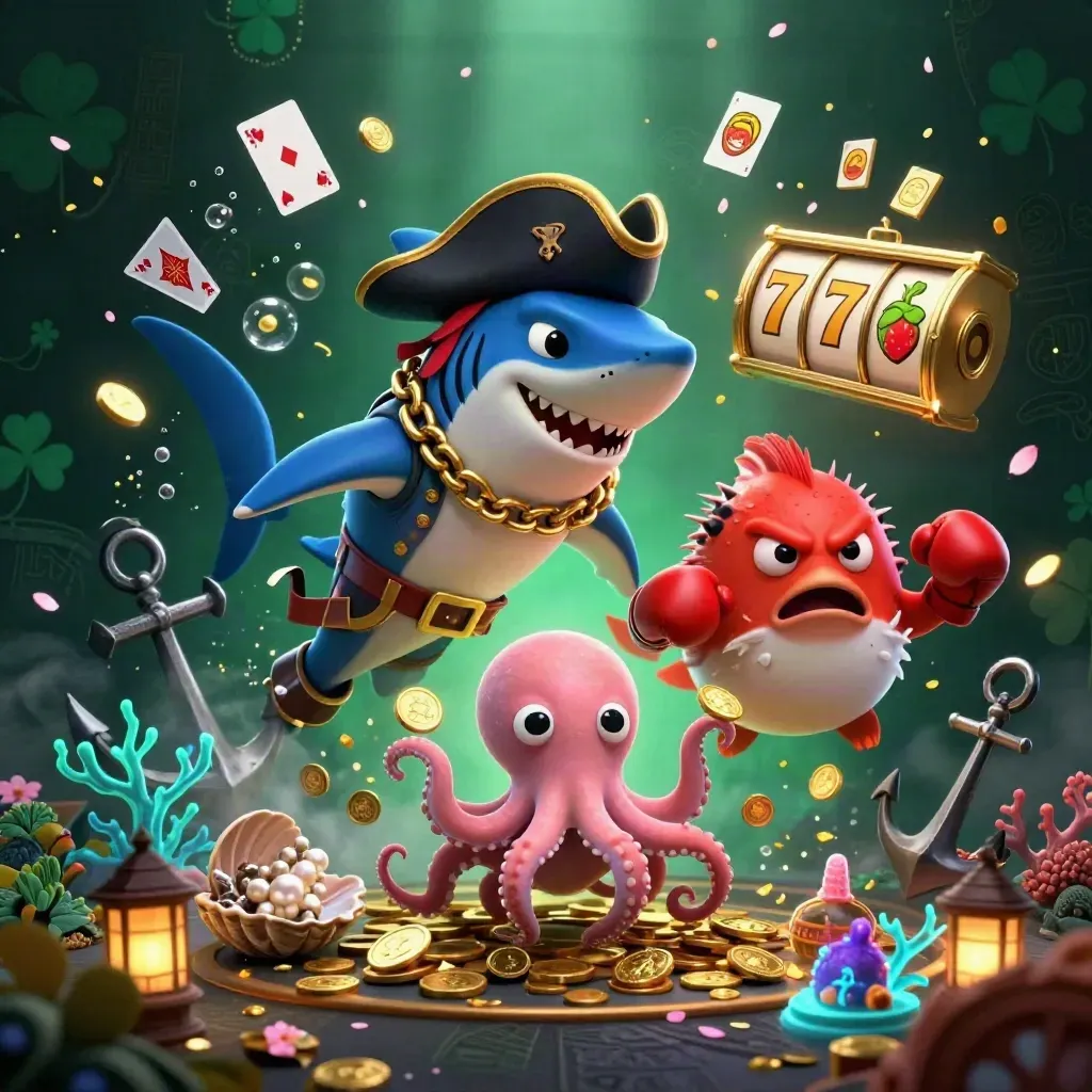 Pirate shark, boxing pufferfish, and juggling octopus in a glowing underwater casino cove.