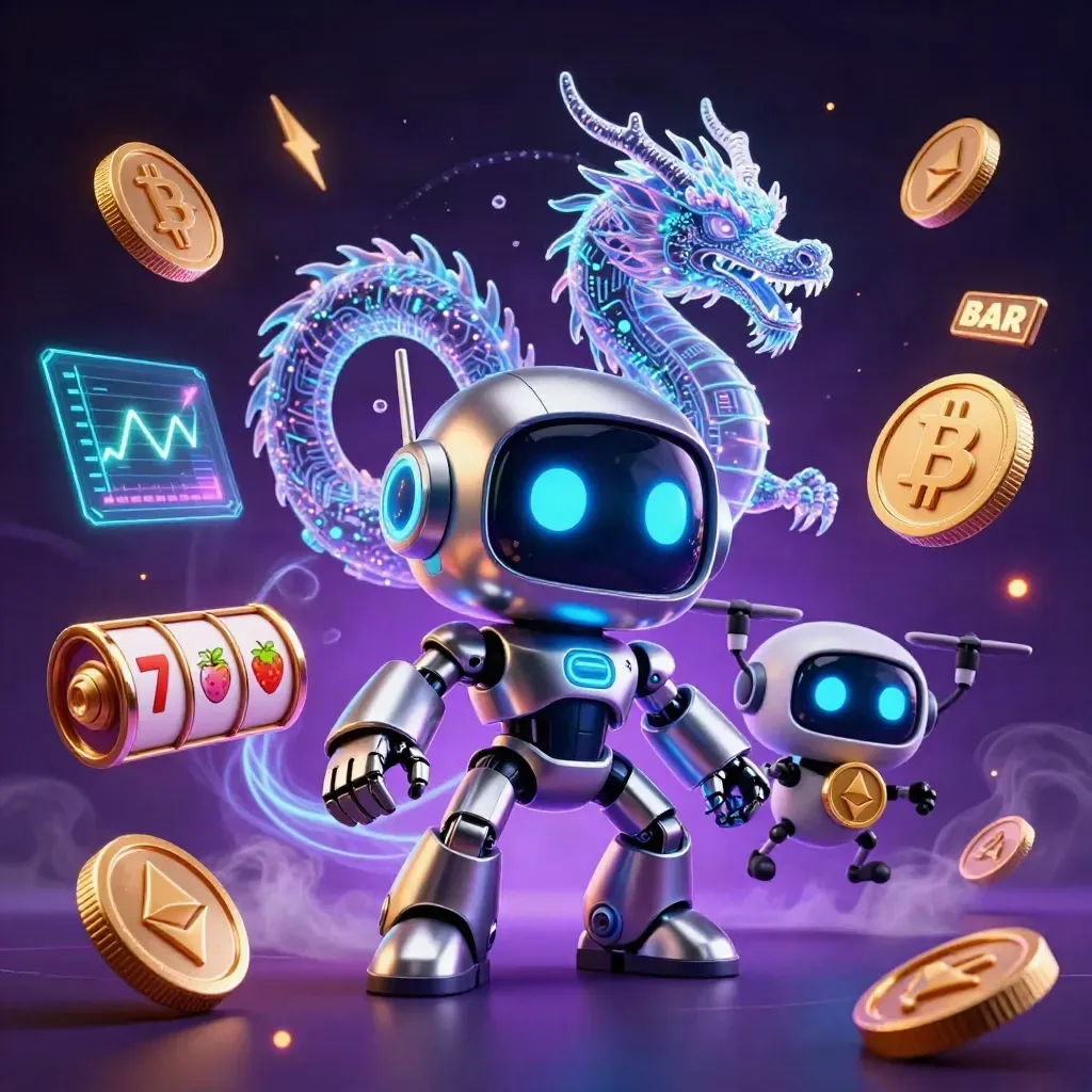 Cyberpunk robot, holographic dragon and drone amid crypto coins, slots, sparks and neon casino glow.