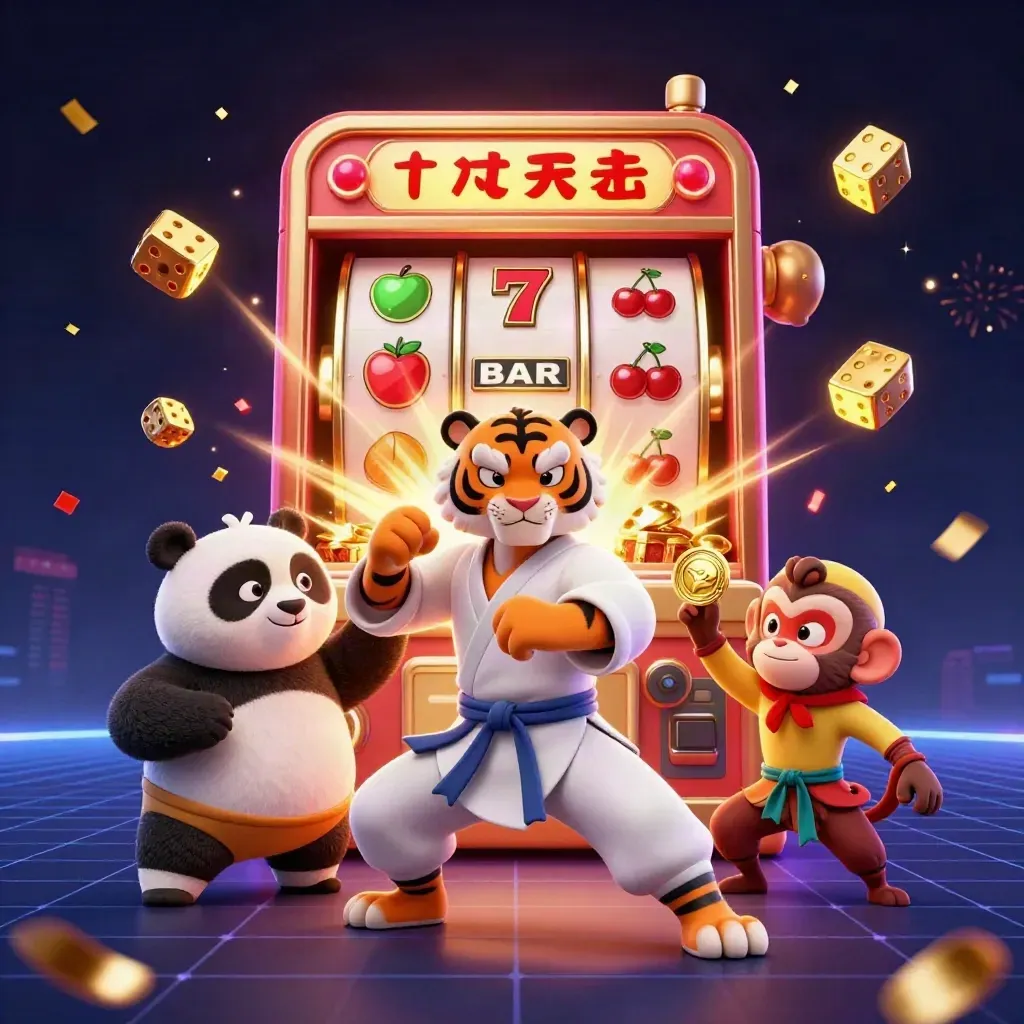 Tiger, panda, and monkey explode from a jackpot slot machine in a neon casino scene.