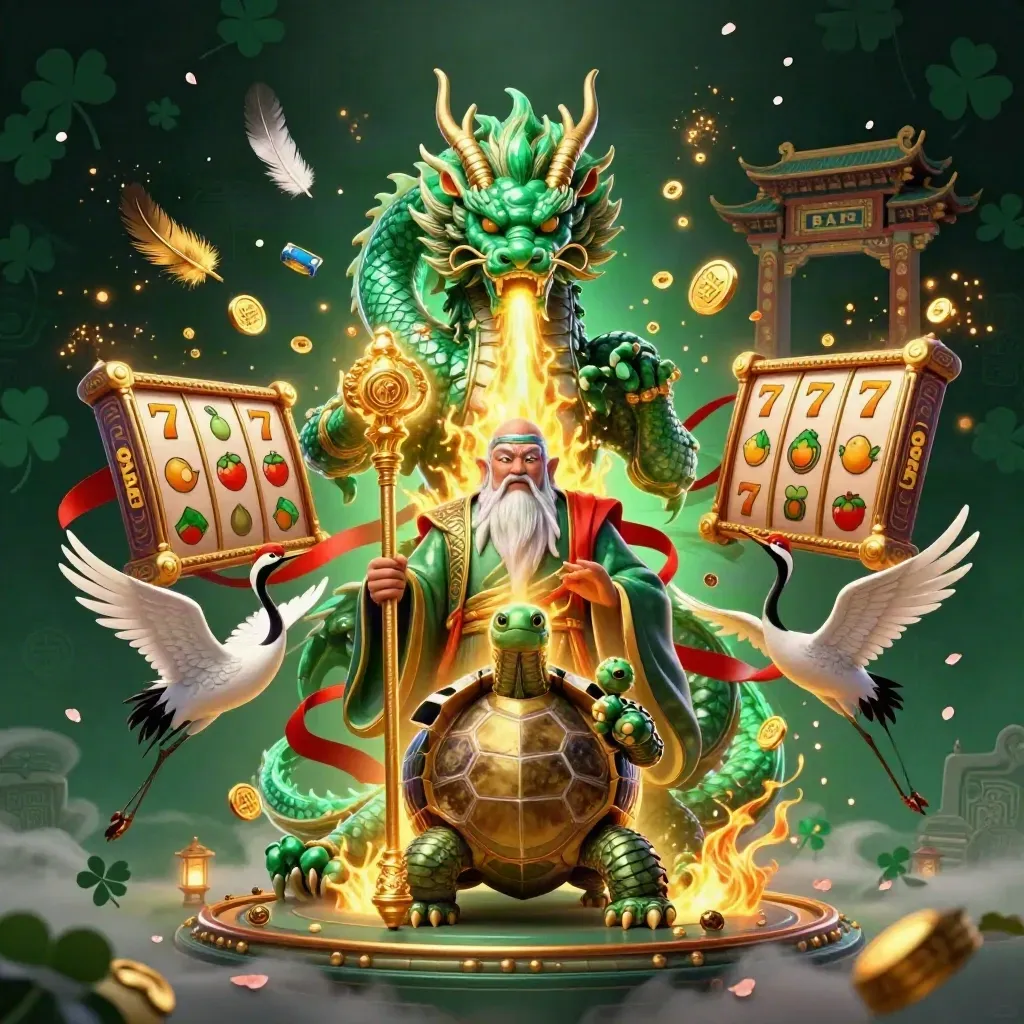 Emerald dragon, turtle sage, and cranes amid casino relics and golden fire