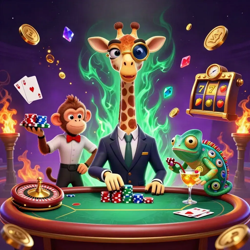 Jade-green casino trio: giraffe, monkey valet and chameleon amid coins, chips, roulette, and glowing cards