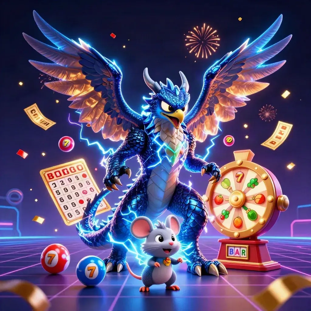 Thunder dragon, hawk and mouse bursting with casino symbols and lightning on a dark neon grid