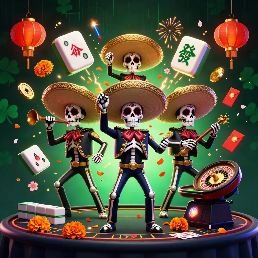 Day-of-the-Dead skeleton mariachi trio amid casino luck symbols, neon sparks, and spinning gaming icons